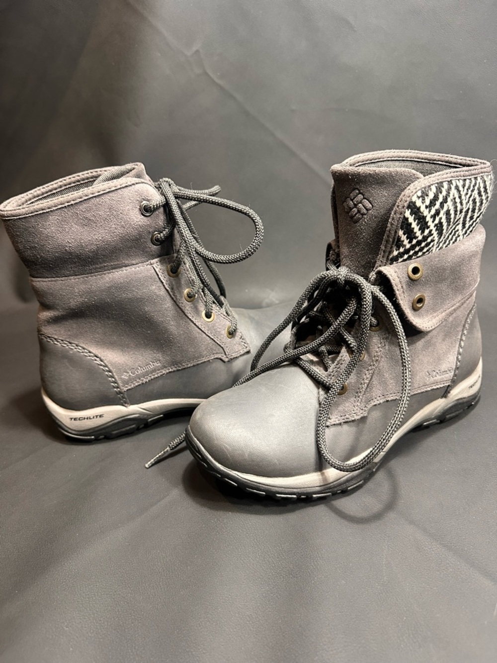 Columbia Gray Lace-Up Waterproof Ankle Boots with Patterned Collar. Size 6